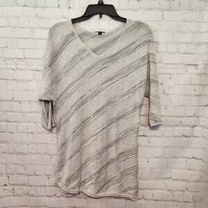 Lafayette 148 New York Linen Blend Gray Striped Knit 3/4 Sleeve Sweater Women S